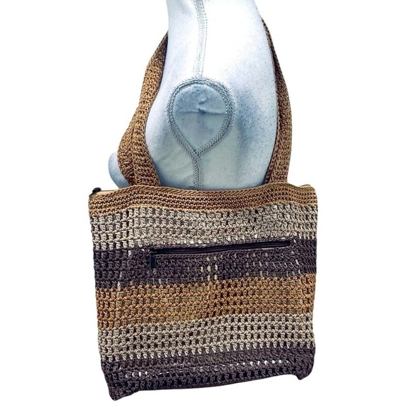 The Sak neutral stripe crochet over gold metallic shoulder bag top zipper - Picture 2 of 13